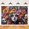 A vibrant Day of the Dead fiesta photo backdrop featuring a colorful floral skull design with flowers and butterflies.