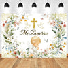 A white backdrop featuring watercolor floral designs and a golden cross for a baptism or communion celebration.
