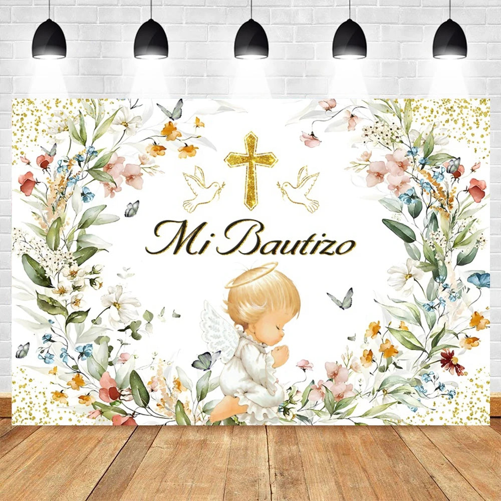 A white backdrop featuring watercolor floral designs and a golden cross for a baptism or communion celebration.