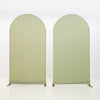 A pair of light sage green stretchable arch backdrop covers displayed against a white background.