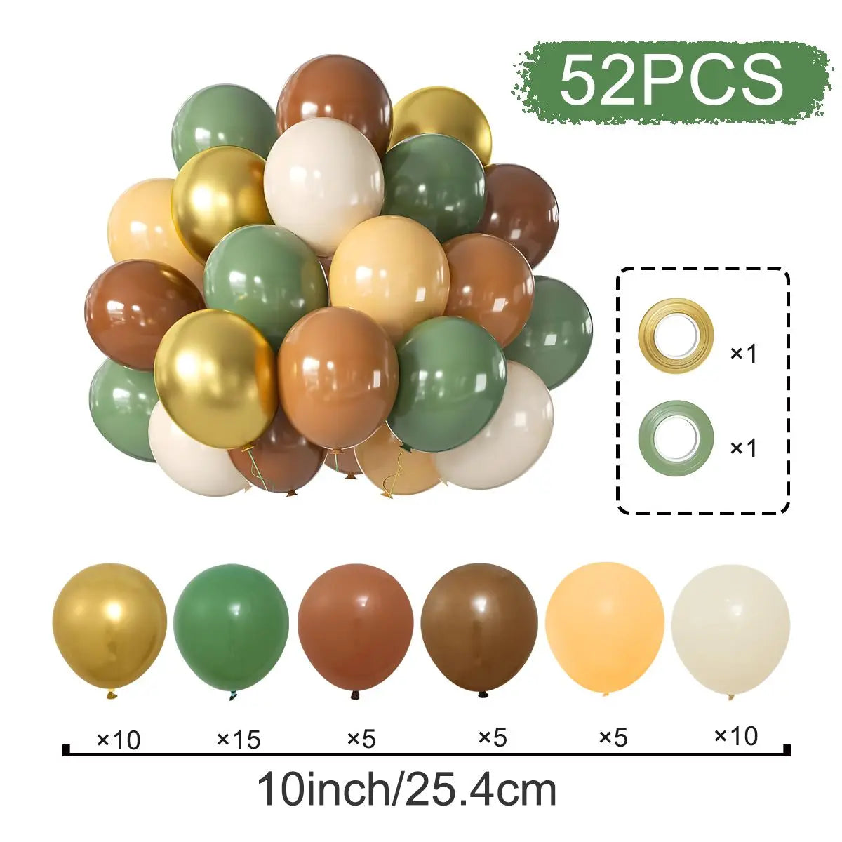 A collection of 52 metallic pearl balloons in various shades of gold, green, and beige for party decor.