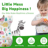 A baby is eating with a silicone bib that has a food catcher pocket, shown next to features like skin friendly and absorbent.