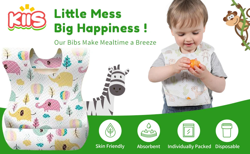 A baby is eating with a silicone bib that has a food catcher pocket, shown next to features like skin friendly and absorbent.