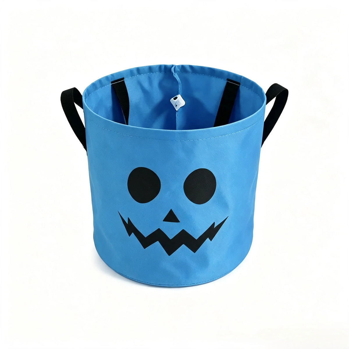 A light blue Halloween trick-or-treat bag with a black carved pumpkin face design.
