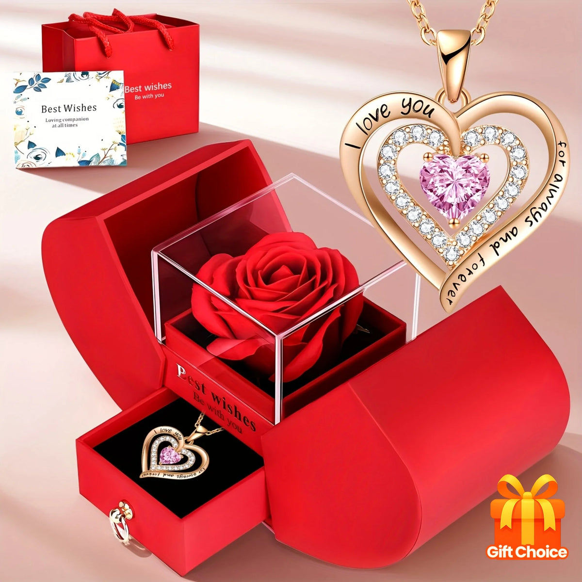 A gold heart pendant necklace is displayed alongside a red gift box containing a red rose and a small pendant.