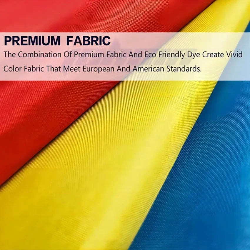 Close-up of a fabric flag in red, yellow, and blue colors with a text overlay describing premium fabric.