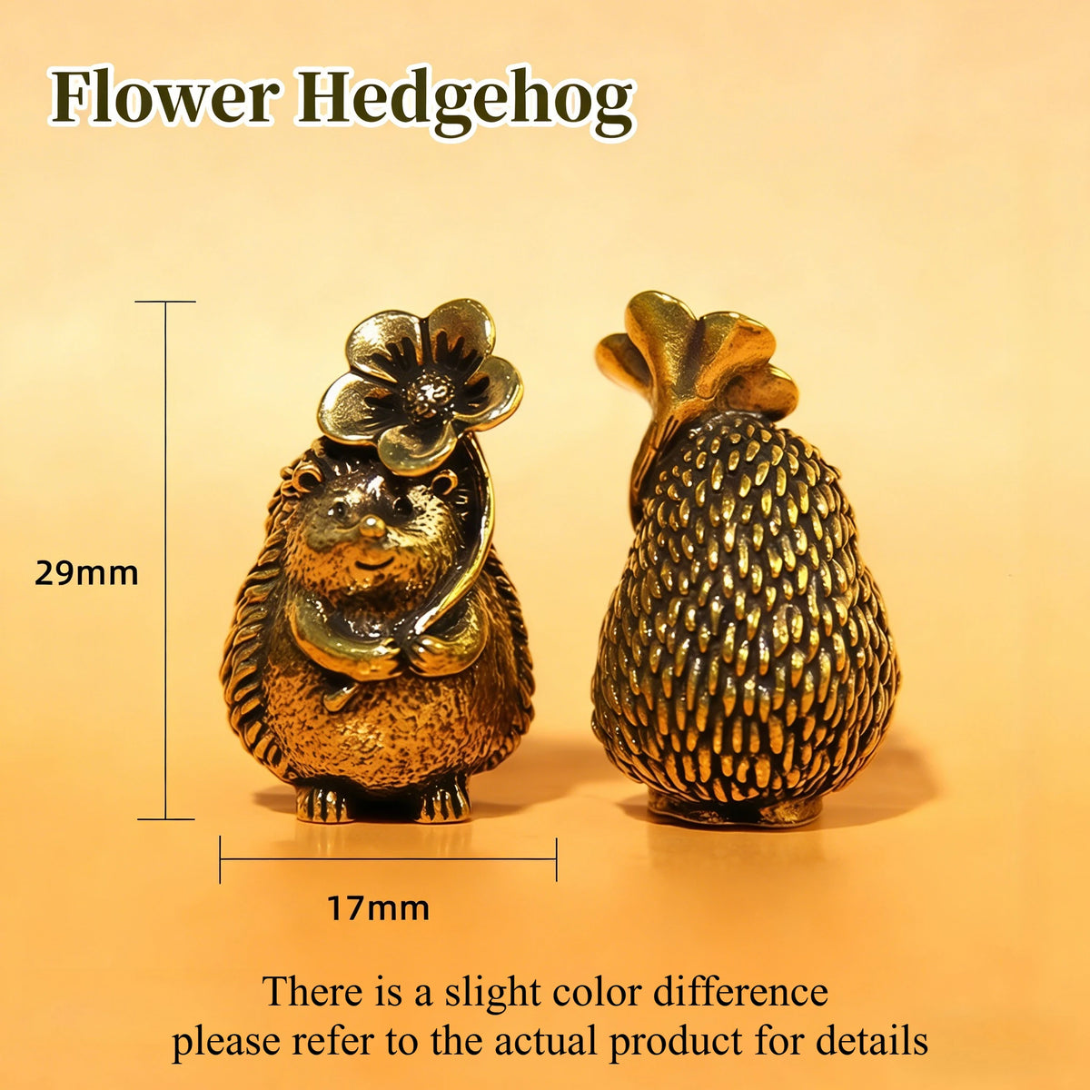 A brass flower hedgehog statue shown from the top, with a measurement scale indicating its size.