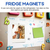 A display of various colorful fridge magnets and magnetic cards attached to a light-colored wall.