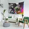 A vibrant floral tapestry wall art featuring a stylized portrait of a person against a dark background.