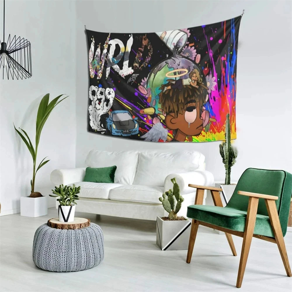 A vibrant floral tapestry wall art featuring a stylized portrait of a person against a dark background.