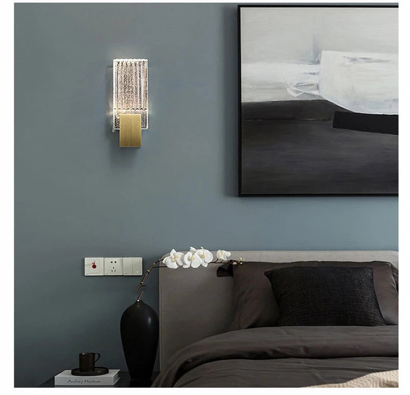 Modern bubble crystal LED wall sconces mounted on a gray wall above a dark bed.