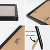 A set of black wood frames and canvas posters with support shown in various angles.