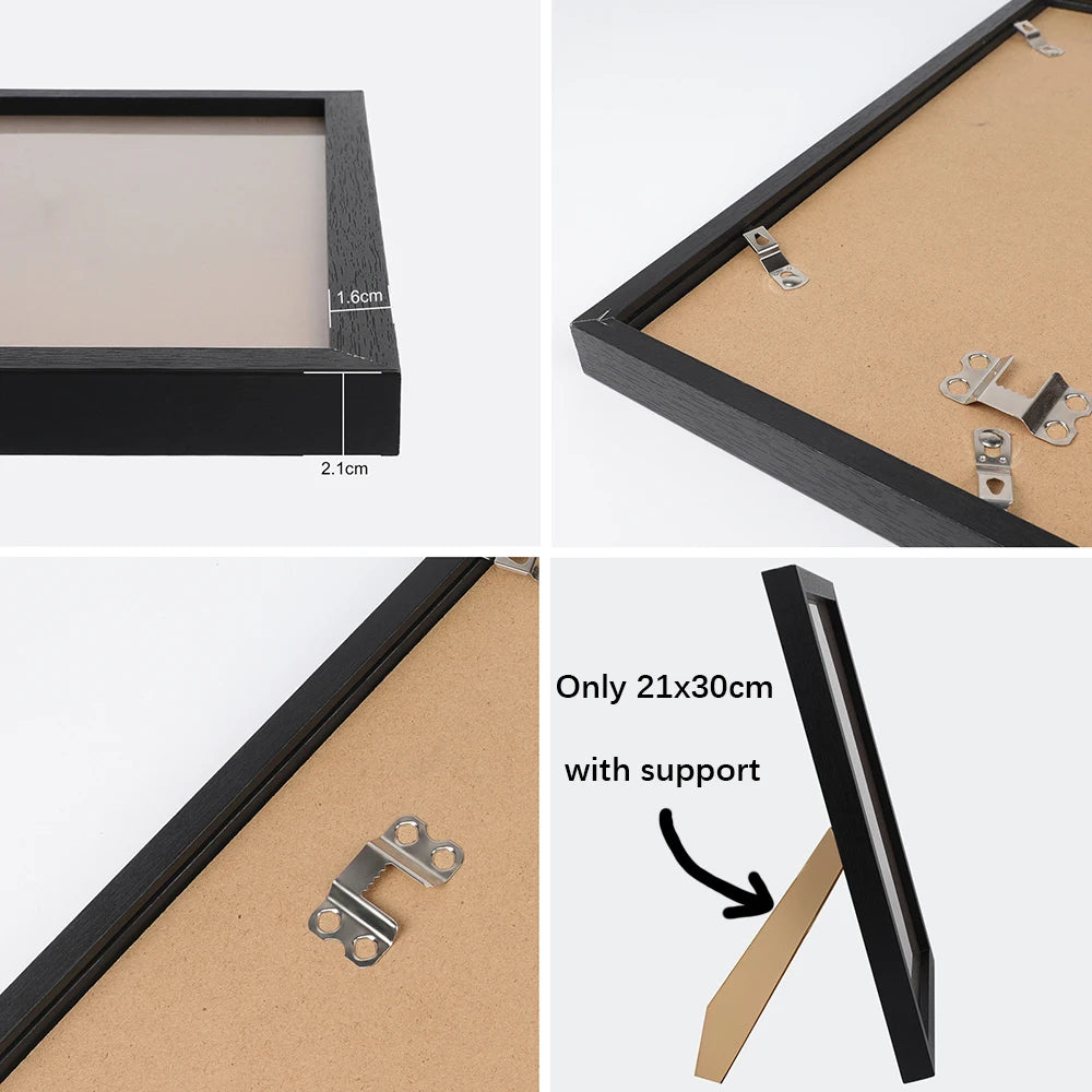 A set of black wood frames and canvas posters with support shown in various angles.