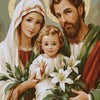 A painting depicting the Holy Family: Mary, Joseph, and the infant Jesus, rendered in warm earth tones.