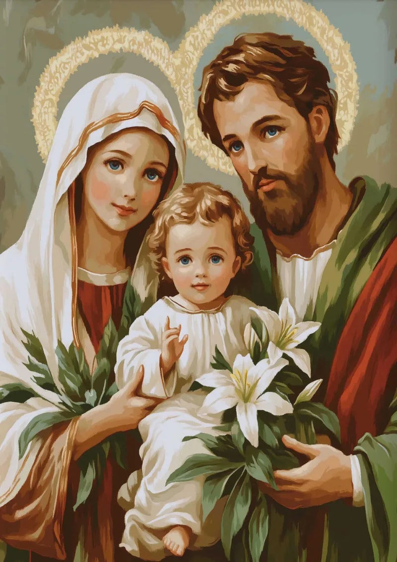 A painting depicting the Holy Family: Mary, Joseph, and the infant Jesus, rendered in warm earth tones.