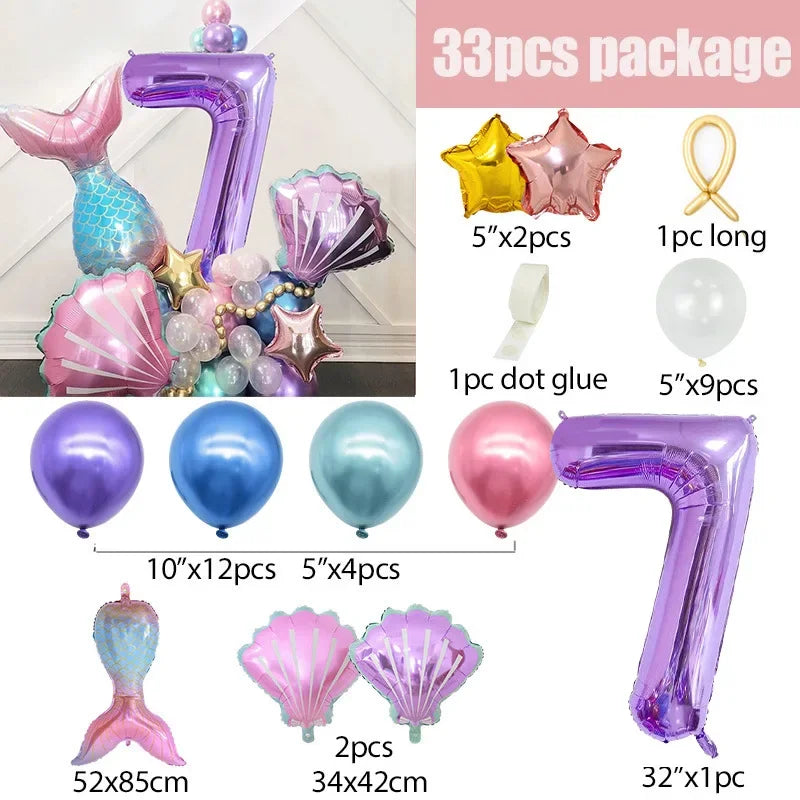 A 33 piece balloon set featuring a number seven, mermaid shells, and various colored balloons for underwater party decor