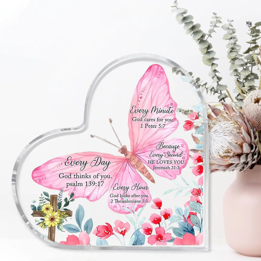 Heart-shaped acrylic decor featuring pink and green watercolor flowers and inspirational scripture about God's care.