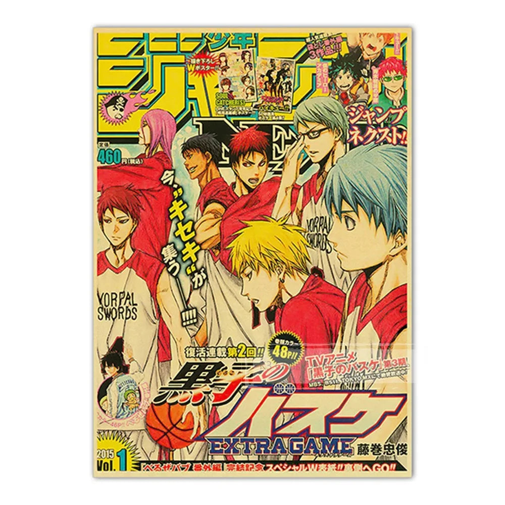 A collection of anime kraft paper posters featuring characters from JoJo, Jujutsu Kaisen, and Demon Slayer.