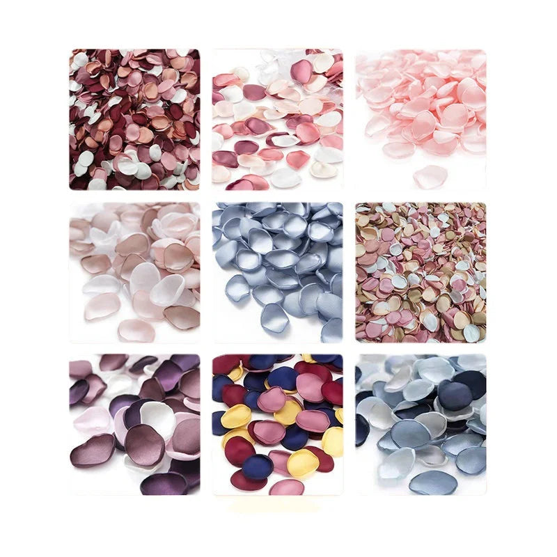 A collection of dried silk rose petals in various shades of pink, mauve, and blush for weddings and events.