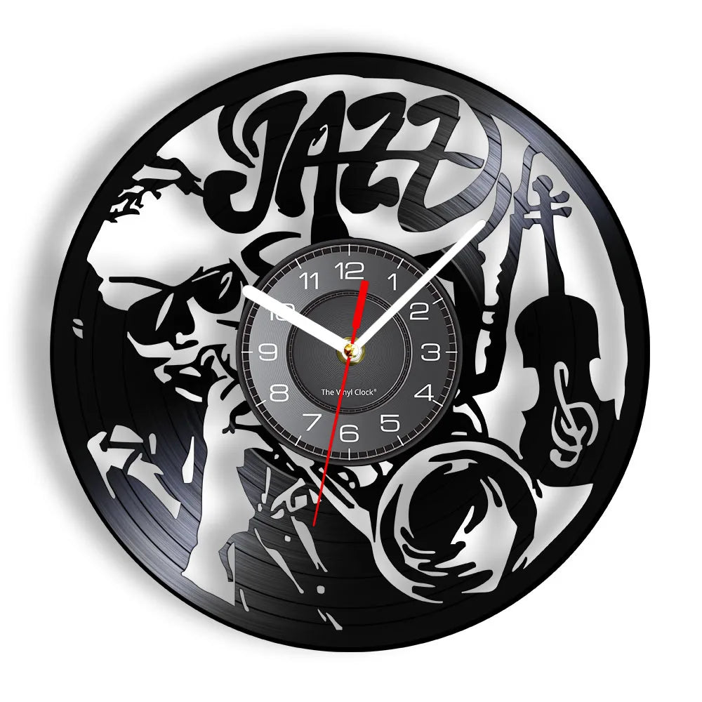 A black wall clock face featuring a design of jazz music notes and silhouettes of musical instruments.