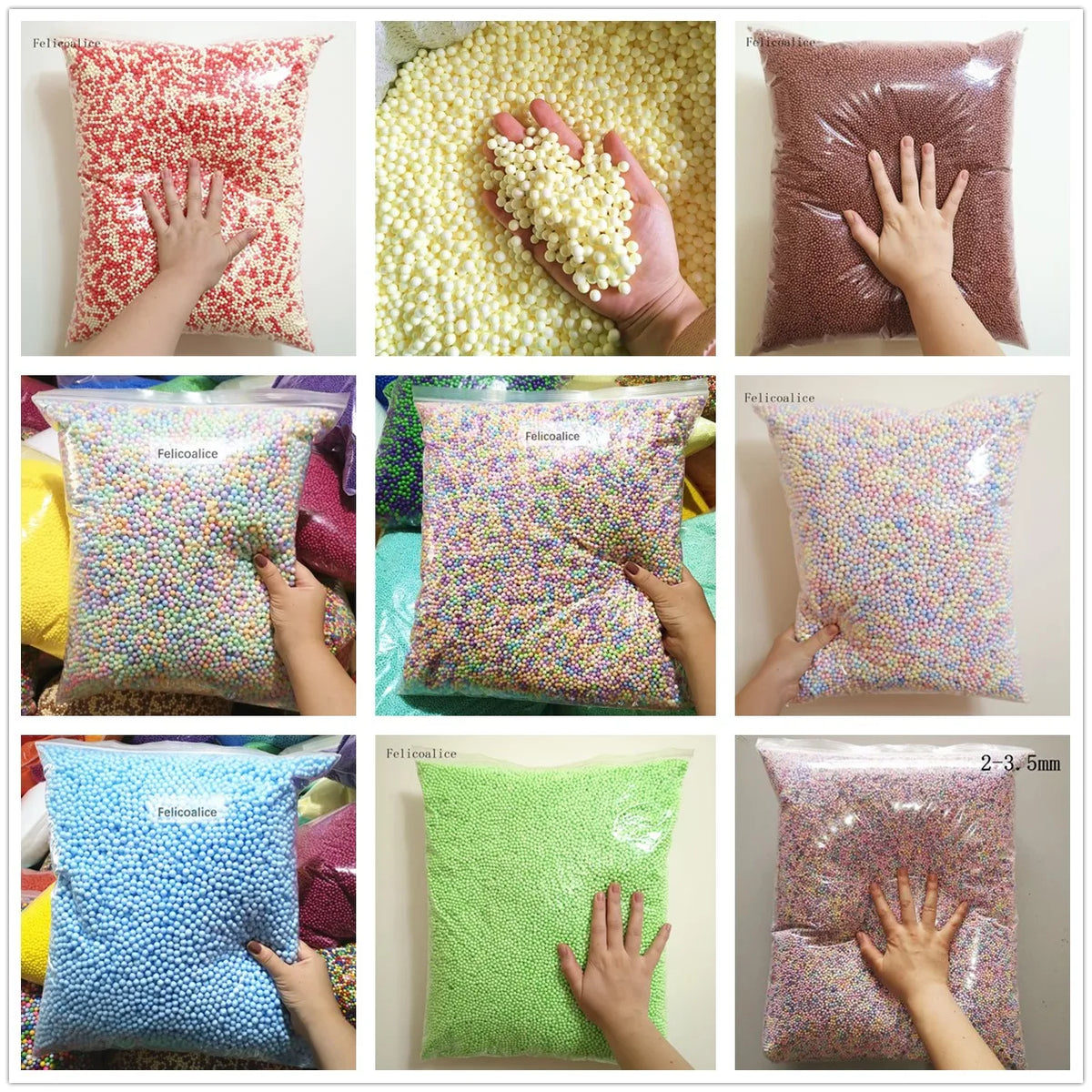 Various colors of pastel foam beads in bags shown with hands for crafting and decoration