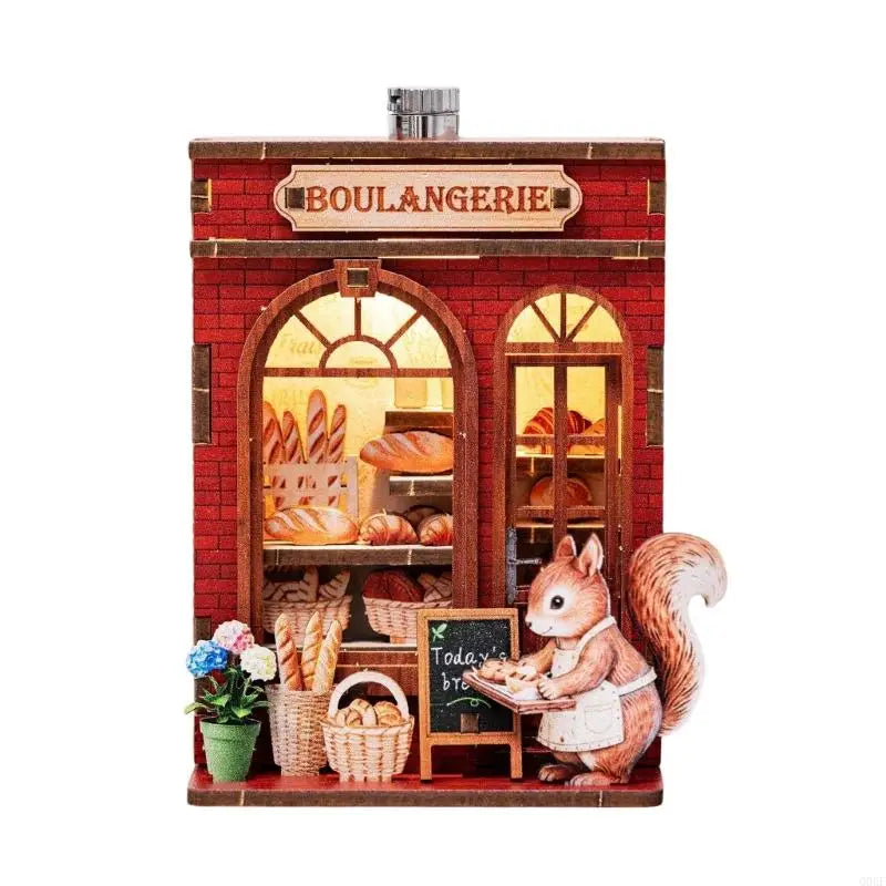 A wooden layered puzzle magnet decor featuring a brick storefront with a sign and a small rabbit figure.