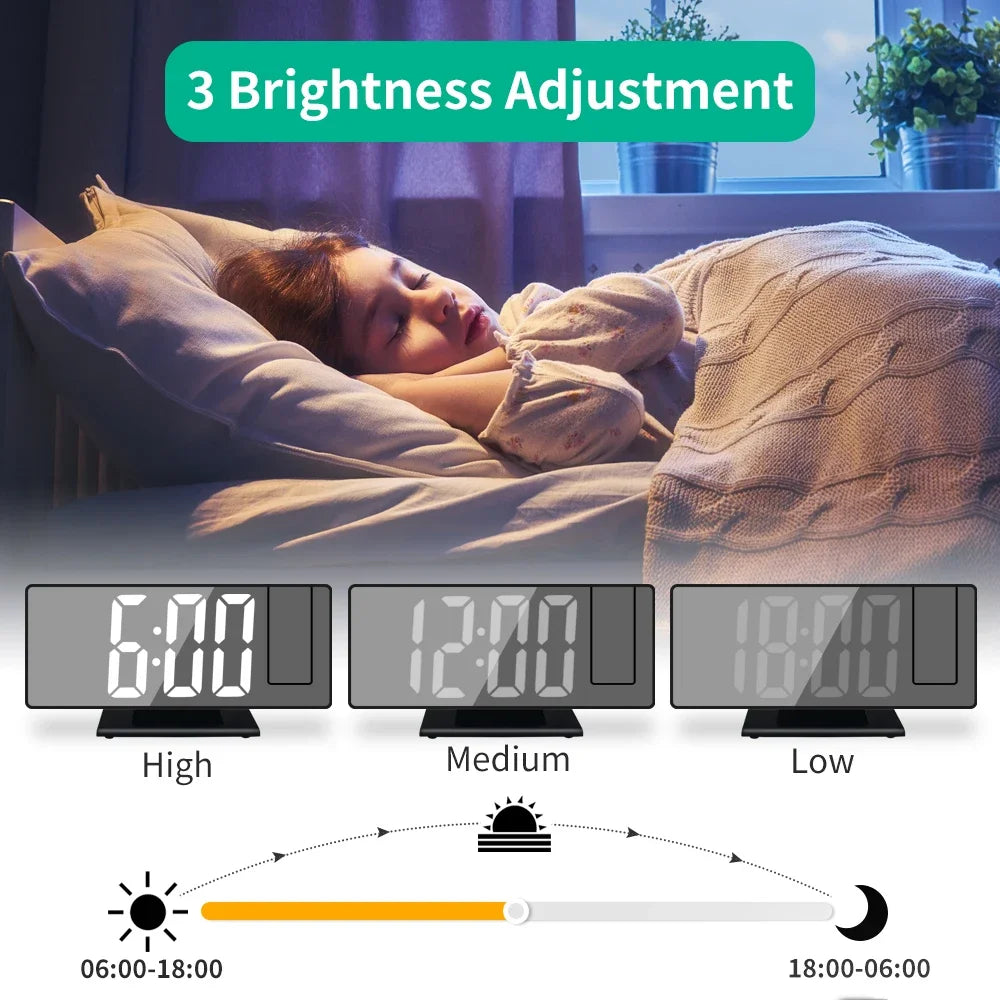 Digital projection alarm clock showing brightness adjustment levels High Medium Low with time settings