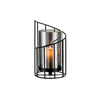 Elegant metal and glass candle holder with a cylindrical glass candle inside.