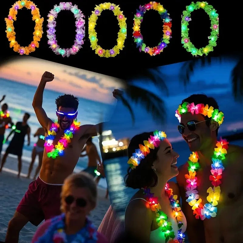 A group of people wearing glow-in-the-dark LED Hawaiian lei necklaces at an outdoor event.