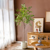 A tall artificial Nandina plant with green leaves sits in a white pot on a wooden table next to a framed picture.
