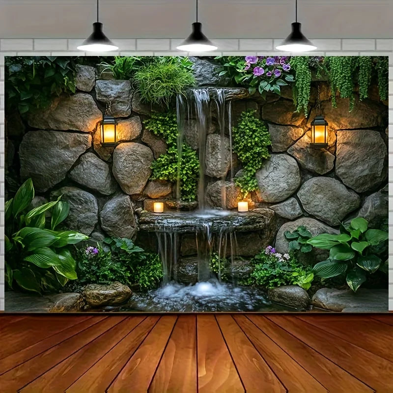 A realistic tapestry depicting a stone waterfall cascading over rocks surrounded by lush green plants and mossy textures.