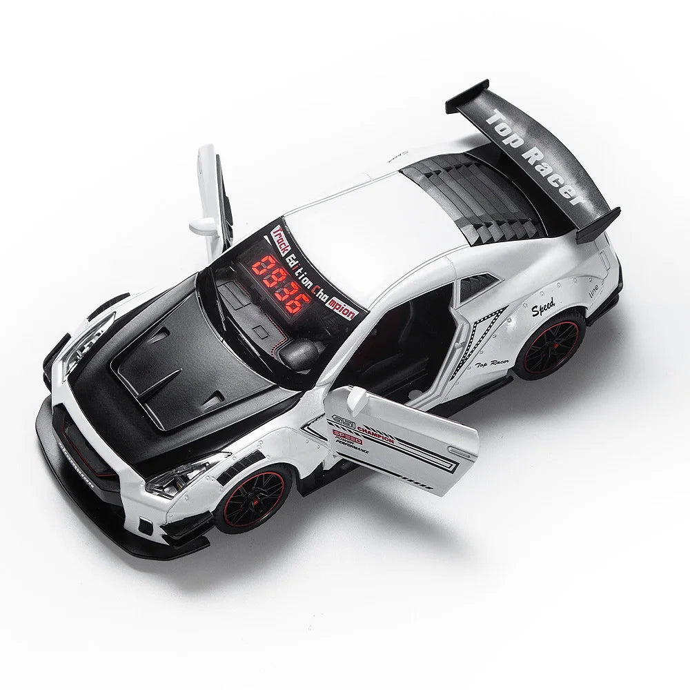 A white and black car model remote control featuring a top racer design and digital display.