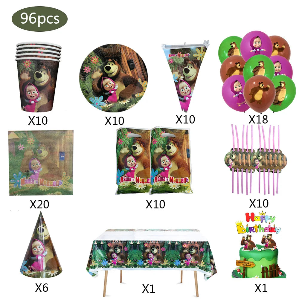 A set of Masha and The Bear birthday party supplies including plates cups balloons and decorations