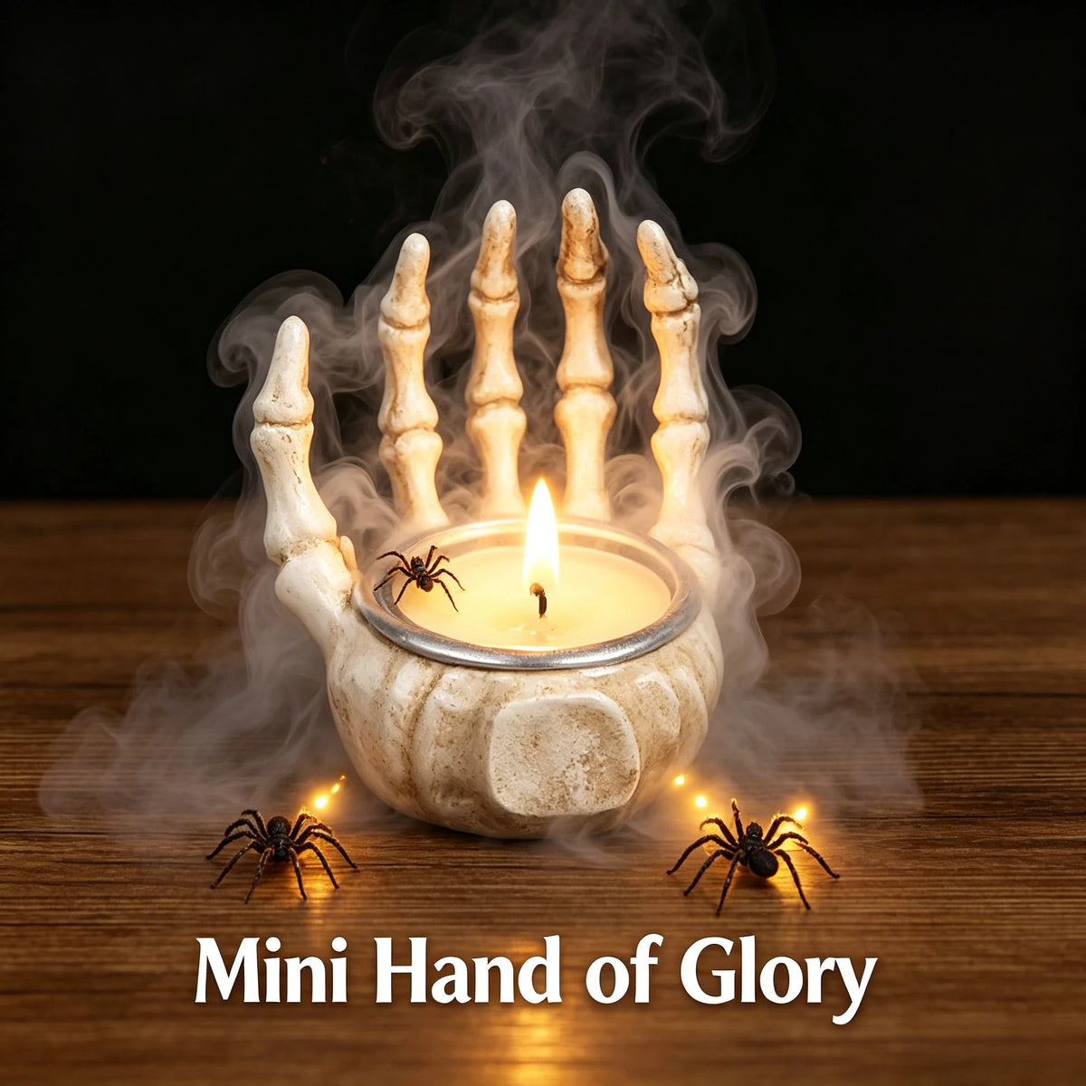 A candle holder shaped like a hand with fingers, featuring a flickering flame and small spiders on a wooden surface.