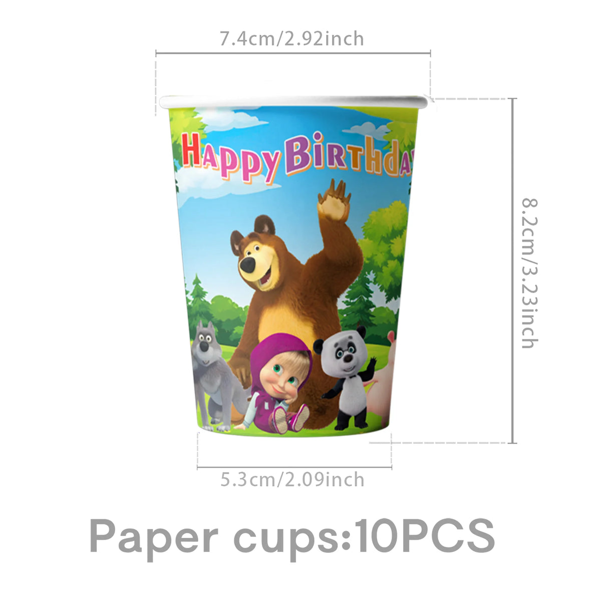 A paper cup featuring a happy birthday design with a bear and other animals.