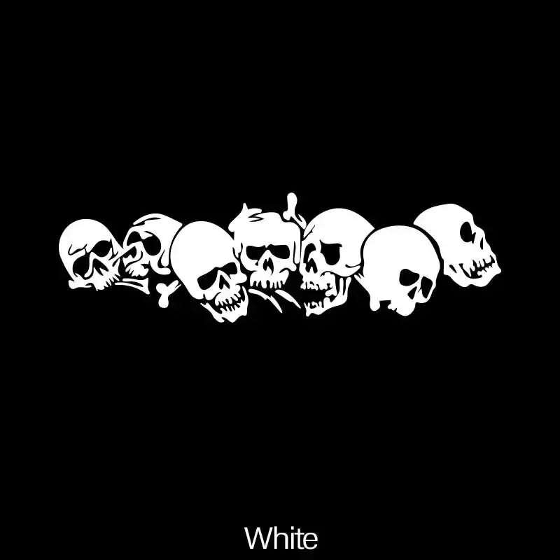 A row of white skull and skeleton designs against a black background.