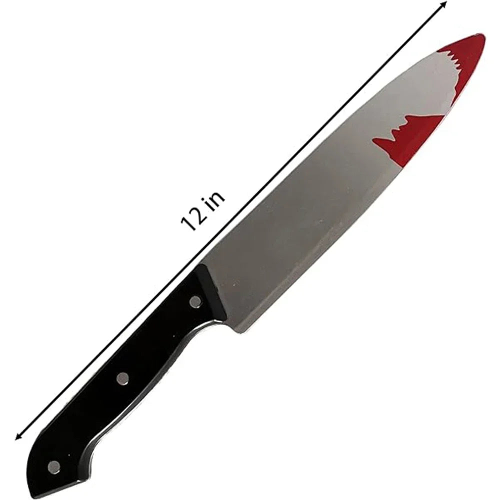 A silver knife with a red blood stain on the blade and a black handle.