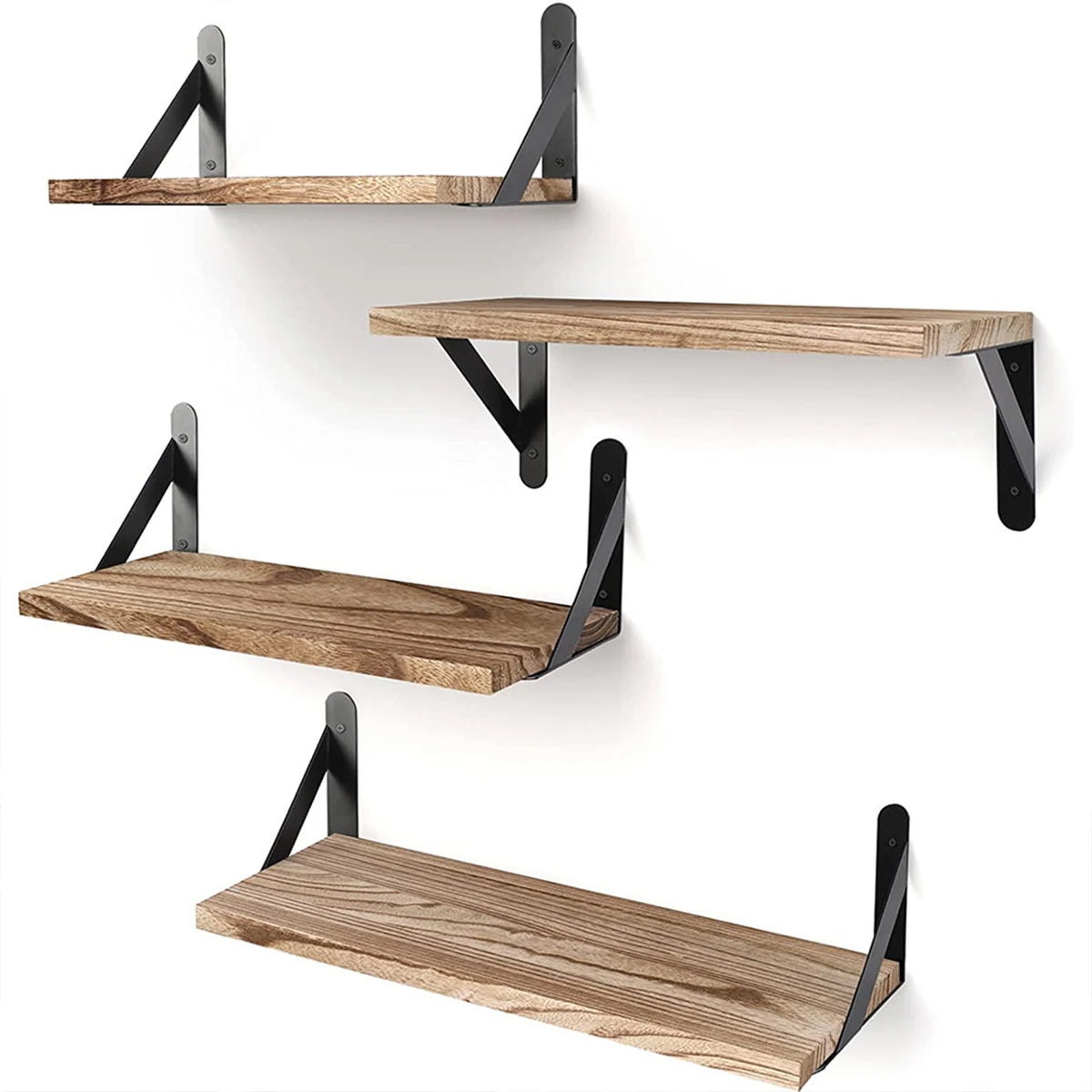 Three natural wood floating wall shelves with black metal brackets displayed against a white wall.
