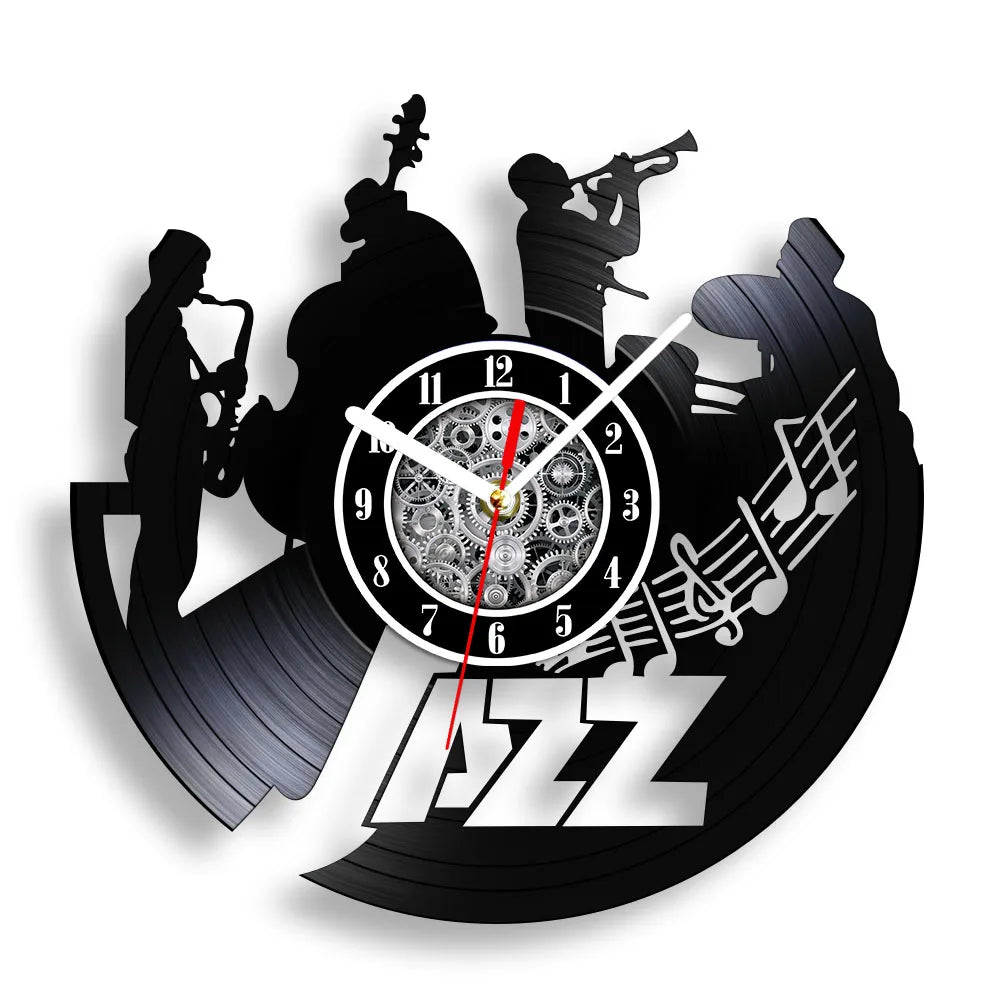 A black vintage vinyl record wall clock featuring silhouettes of musicians and a clock face.