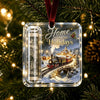 Acrylic ornament featuring a vintage train scene for the holidays with a velvet ribbon