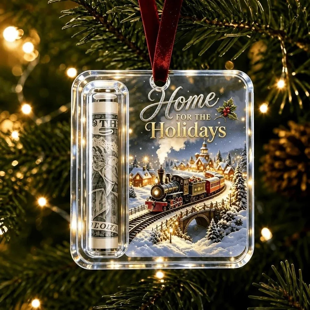 Acrylic ornament featuring a vintage train scene for the holidays with a velvet ribbon