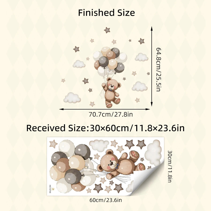 Comparaison de taille terminée : autocollant murale ours en peluche, dimensions 70.7cm x 64.8cm et taille reçue 30x60cm.