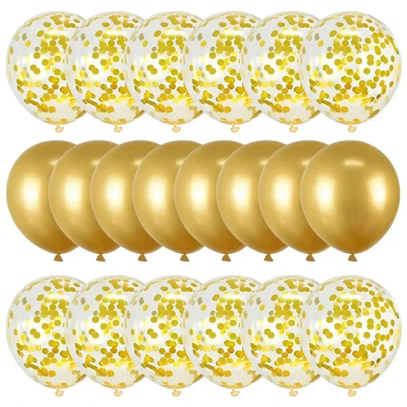 A pack of rose gold confetti balloons used for parties and celebrations.