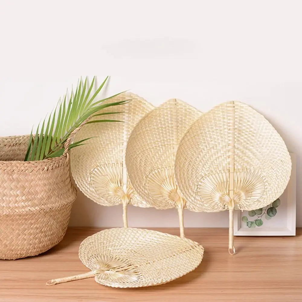A set of peach-shaped bamboo woven hand fans displayed next to a potted green plant.