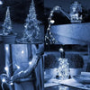 A collage showing solar-powered outdoor string lights decorating a Christmas tree, a glass jar, and a branch.