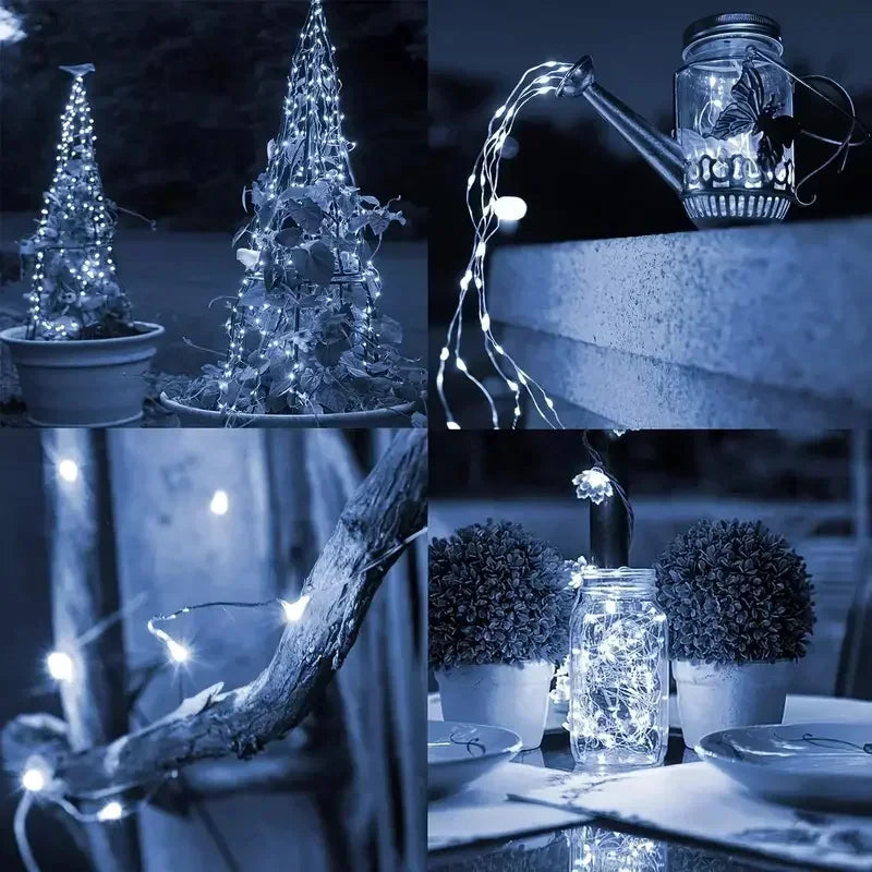 A collage showing solar-powered outdoor string lights decorating a Christmas tree, a glass jar, and a branch.