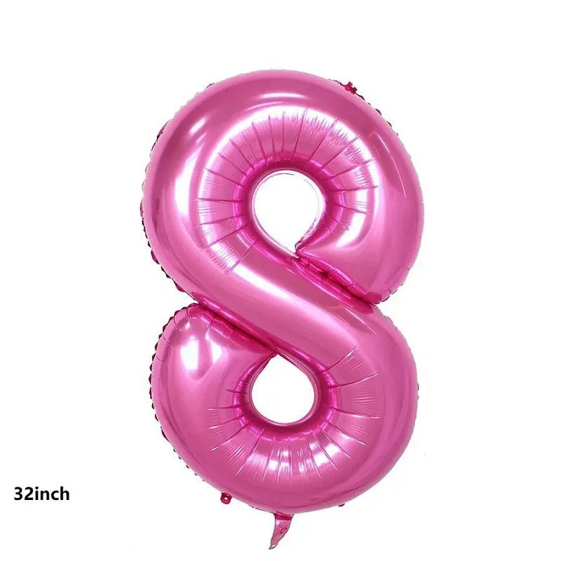 A pink foil balloon shaped like the number 8 for party decorations