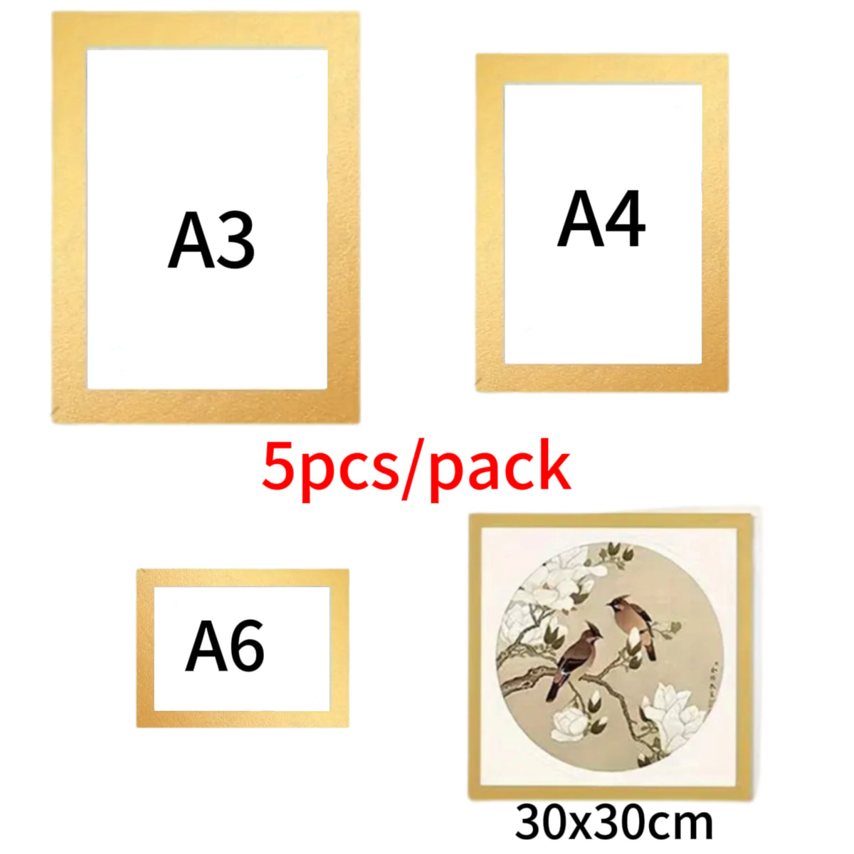 A set of five magnetic picture frames labeled A3, A4, A6, and one decorative frame, with dimensions 30x30cm.