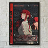 A poster featuring the character Makima from Chainsaw Man in a seductive style with dark and red tones.