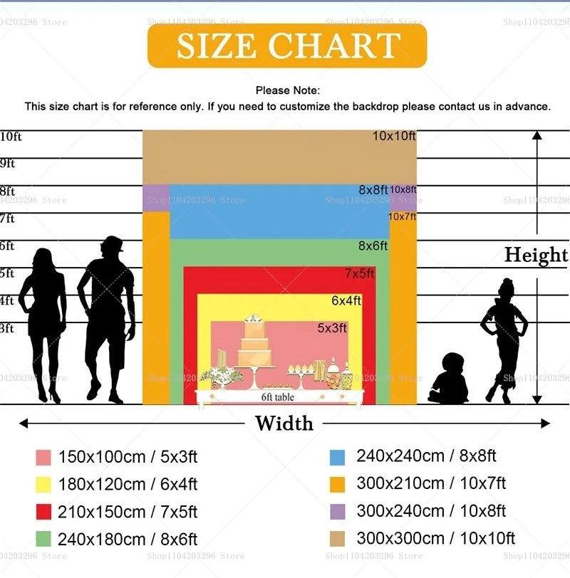 Size chart showing various heights and widths for a Magic Fantasy Witch Hunters party backdrop.